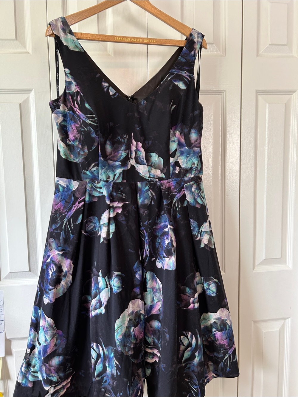 Floral V-Neck Black Dress with Blue-Purple Accents - Picture 2 of 10